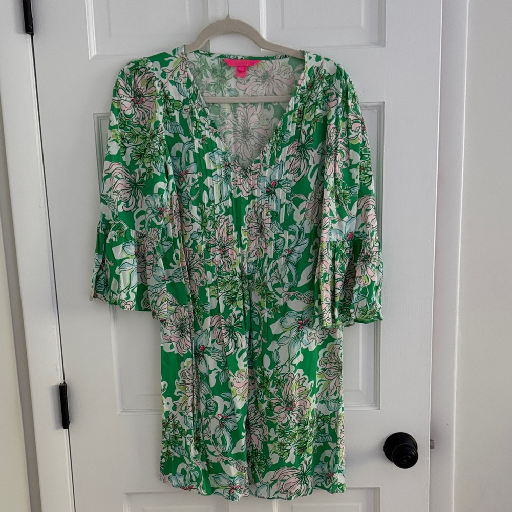 Green Floral Dress with Pink Accents